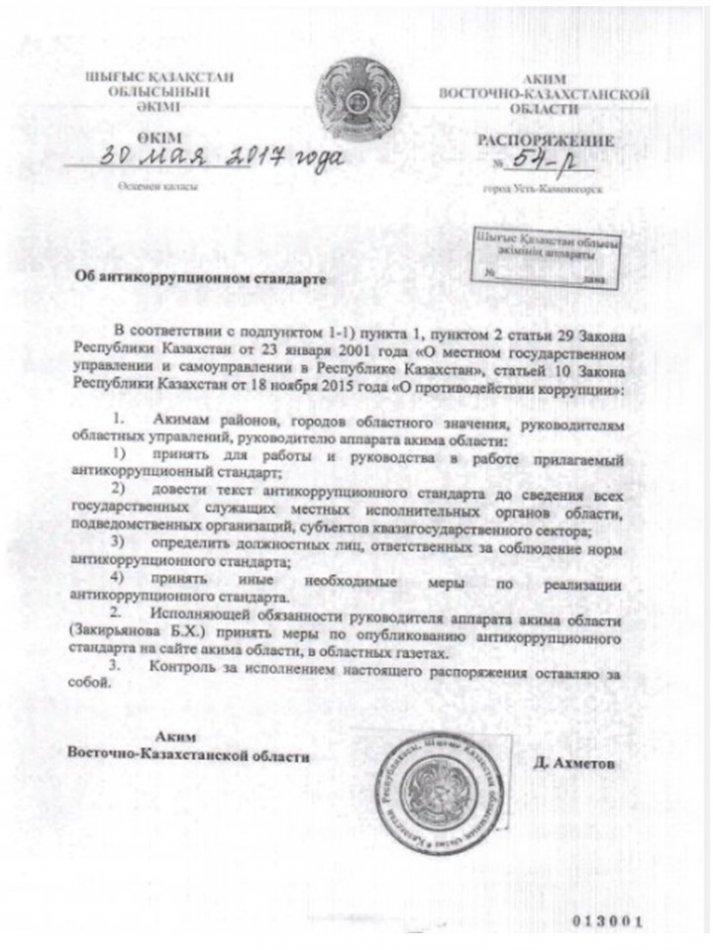Распоряжением № 54-р от 30 мая 2017 года акимом Восточно-Казахстанской области утвержден Антикоррупционный стандарт (далее - Стандарт).