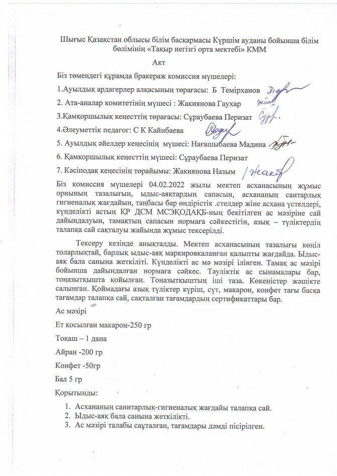 Бракеражды комиссия АКТ